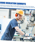 Heavy Duty Hearing Protection Earmuffs Built To Crush Nasty Workshop And Factory Noise Solid Sound Insulation Headband designed for long workdays in bright orange worn by worker with yellow hard hat.
