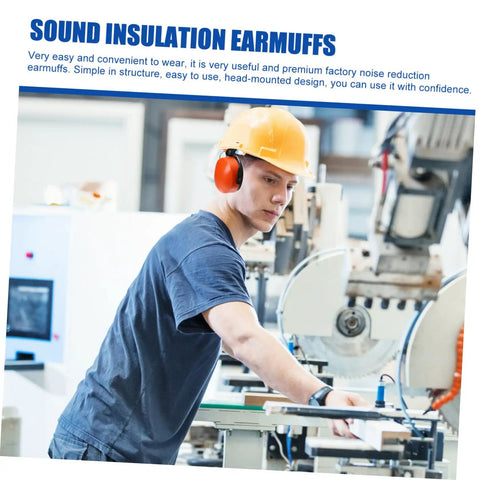 Heavy Duty Hearing Protection Earmuffs Built To Crush Nasty Workshop And Factory Noise Solid Sound Insulation Headband designed for long workdays in bright orange worn by worker with yellow hard hat.