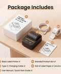 Awesome Bluetooth Label Maker Machine Printing On White Color Clear Thermal Labels With Tape For Home Business Organization Crisp Graphics No Ink Needed 2 Inch Wide Portable Handy Tech Gadget package contents on wooden table.