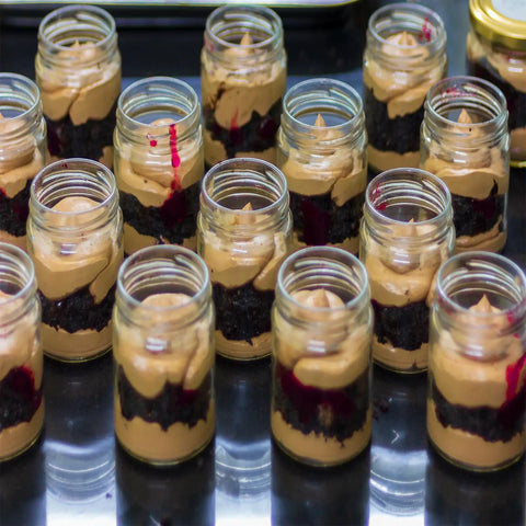 30ml Clear Glass Vials With Secure Aluminum Screw Caps Including Gaskets Set of 30 Airtight Leakproof Spice Bottles filled with dessert layers.