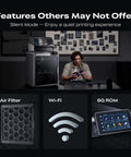 Features of Dope Multicolor 3D Printer K2 Combo A with AI camera, man using printer, air filter, Wi-Fi, 8G ROM display in dark room