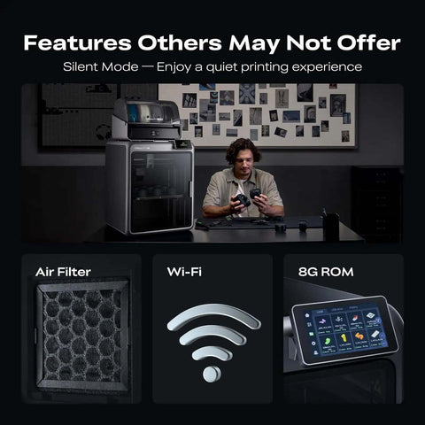 Features of Dope Multicolor 3D Printer K2 Combo A with AI camera, man using printer, air filter, Wi-Fi, 8G ROM display in dark room