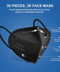 Black 3D face mask with adjustable nose clip, labeled KN95, designed for all-round protection and breathing space efficiency.