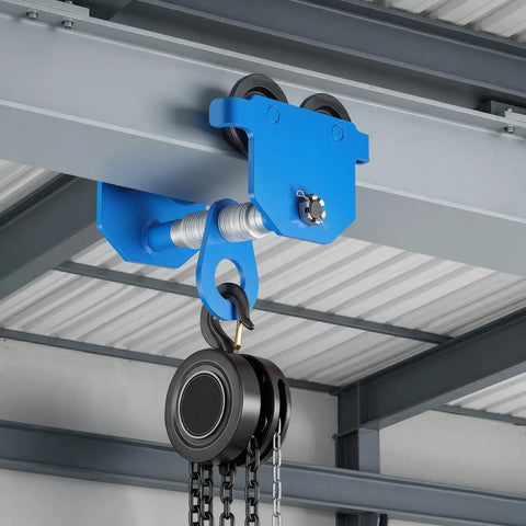 One Ton Manual Trolley With Dual Wheel Push Beam For I Beam And H Beam Adjustable Width Two Point Four To Seven Inches