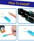 Installation guide for Heat Shrink Ring Terminals Kit 220 Pcs For 22 To 16 AWG No 10 connectors showing crimping and sealing steps.
