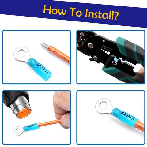 Installation guide for Heat Shrink Ring Terminals Kit 220 Pcs For 22 To 16 AWG No 10 connectors showing crimping and sealing steps.