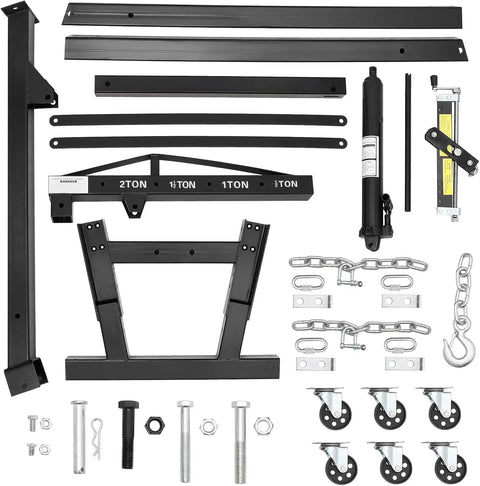 Badass 2 Ton Hydraulic Engine Hoist Folding Cherry Picker Crane parts including frame, chains, wheels, and hydraulic lift components.
