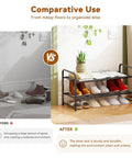Comparison of messy and organized shoes with Two Tier Metal Shoe Rack Organizer For Closet And Garage, 27 Inch Wide