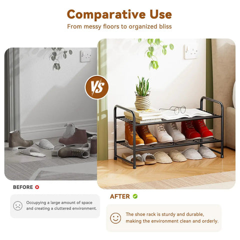 Comparison of messy and organized shoes with Two Tier Metal Shoe Rack Organizer For Closet And Garage, 27 Inch Wide