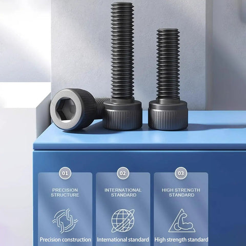 120 Pack M3x30mm Hex Socket Head Cap Screws 12.9 Grade Alloy Steel Black Oxide Full Thread Allen Drive With Hex Wrench displayed on a blue surface.