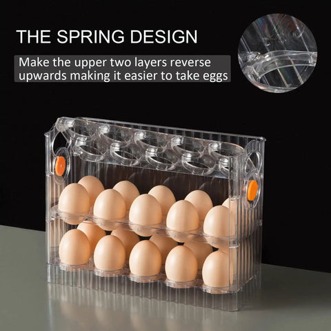 30 Grid Egg Organizer For Refrigerator With 3 Layer Flip Top Design Clear Plastic Reusable Egg Holder displaying eggs