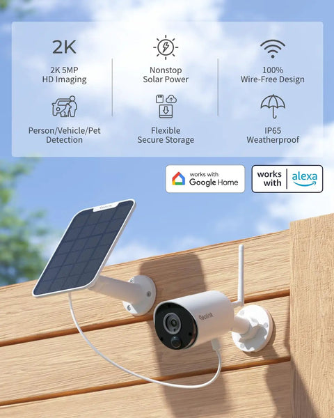 Solar Powered 2K 5MP Outdoor Security Camera With Night Vision And Smart Human And Car Detection, 2.4G WiFi, mounted outdoors