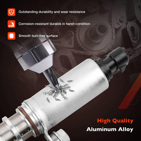 Close-up of aluminum alloy camshaft actuator from the Intake And Exhaust Camshaft Position Actuator VVT Solenoid Kit with metal shavings.