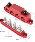 Heavy Duty Four Stud Power Distribution Block 250 Amp Bus Bar Junction With Weather Shield for car truck RV marine boat, red with brass terminals.
