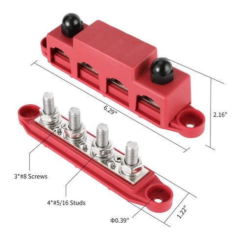 Heavy Duty Four Stud Power Distribution Block 250 Amp Bus Bar Junction With Weather Shield for car truck RV marine boat, red with brass terminals.