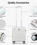 16 Inch Underseat Carry On Luggage With Spinner Wheels Hard Shell Suitcase For Airline Approved TSA Travel Gear Lightweight 29L Capacity Fits Overhead Or Under Seat Smoke White, highlighting push-button lock, anti-scratch texture, TSA lock, and spinner wheels.