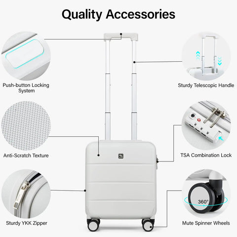16 Inch Underseat Carry On Luggage With Spinner Wheels Hard Shell Suitcase For Airline Approved TSA Travel Gear Lightweight 29L Capacity Fits Overhead Or Under Seat Smoke White, highlighting push-button lock, anti-scratch texture, TSA lock, and spinner wheels.