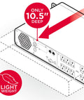 Diagram of Plug And Play 1500VA 1000W PFC Sine Wave UPS Battery Backup And Surge Protector with Eight Outlets in 10.5-inch depth.