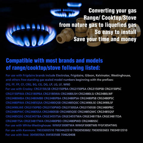 LP Gas Conversion Kit For Gas Ranges And Stovetops, Propane Orifice Set, converts Frigidaire Kenmore Electrolux appliances.