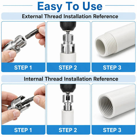 All In One Pro Grade PVC Pipe Threading Tool Kit With Internal And External Reamers, Broken Bolt Extractor, Universal Thread Extractor, Thread Seal Tape, And Case For Half Inch, Three Quarter Inch, And One Inch PVC Plumbing DIY Gift, PVC threading steps