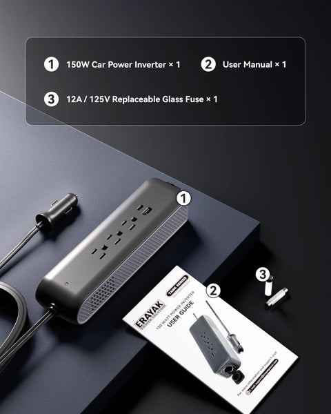 150W Car Power Inverter with user manual and fuse, compact design, for charging laptops and devices on the go.