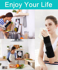 Women using unisex forearm and wrist support splint brace with double fixation for cooking and relaxing, neoprene blend.