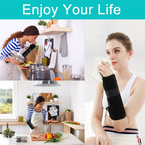 Women using unisex forearm and wrist support splint brace with double fixation for cooking and relaxing, neoprene blend.