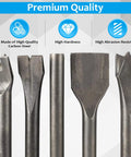 Nine Piece Pneumatic Air Hammer Chisel Set with heat treated carbon steel bits for tile, masonry, concrete, brick, stone work