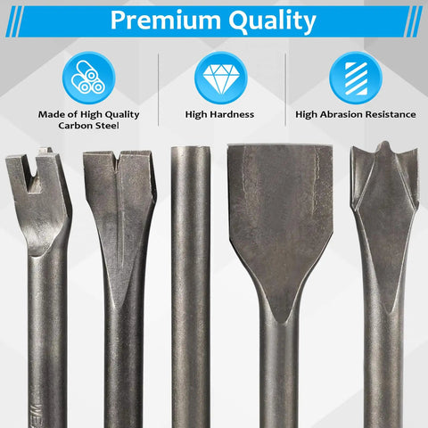 Nine Piece Pneumatic Air Hammer Chisel Set with heat treated carbon steel bits for tile, masonry, concrete, brick, stone work
