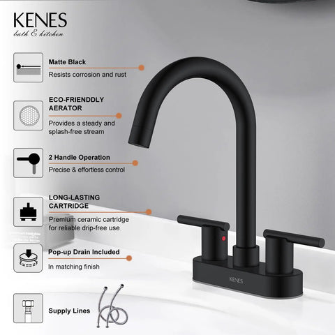 4 Inch Centerset Matte Black Two Handle Bathroom Faucet with Pop Up Drain and Two Water Supply Lines, modern style details