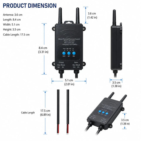 Built Tough DC Motor Wireless Remote Control Switch dimensions with antennas, buttons, and input output ports for 6V to 36V systems.