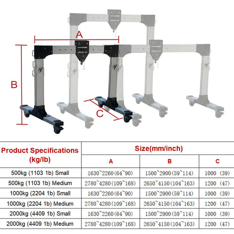 Premium Aluminum Gantry Crane Rated For 2000 Pounds with specifications chart and dimensions for optimal lifting.
