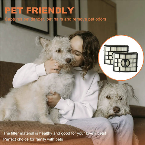 Woman with dogs next to HEPA filters, showcasing APEX DuoClean Vacuum Brush Roll And Filter Kit Replacement with pet-friendly features.