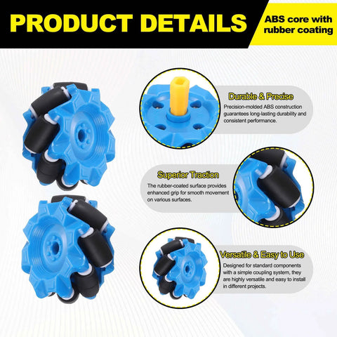 Two blue MECCANIXITY Mecanum wheels with black rubber rollers, 52mm diameter, for DIY robot cars