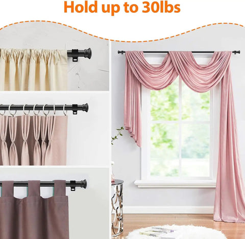 Adjustable 5/8 Inch Black Curtain Rod With Brackets For Windows And Doors Extends From 16 To 52 Inches draped with curtains
