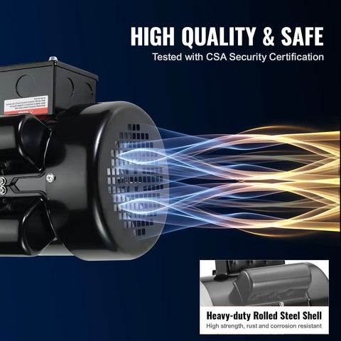 Beast 1.5HP Single Phase Electric Motor 3450 RPM 115 or 230V heavy-duty steel shell and airflow illustration