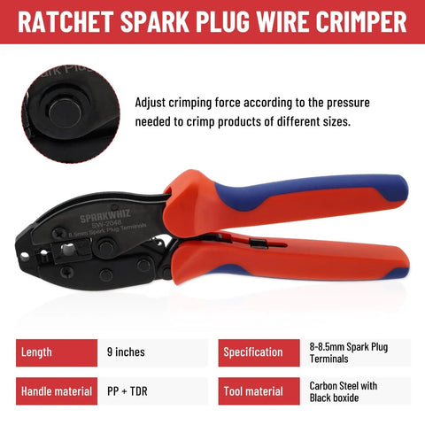 Pro Grade All-In-One Ratcheting Spark Plug Wire Crimp Tool Kit For 8.0-8.5mm Wires, shown with crimper and handle detail.