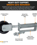 Heavy-Duty Gate Wheel With A Large Four Inch Wheel For Smooth Operation, corrosion-resistant spring; easy install with fittings.