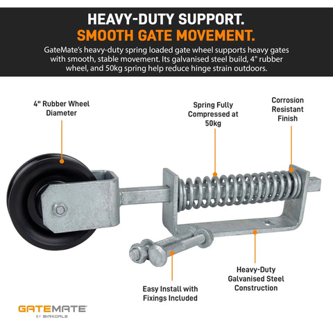 Heavy-Duty Gate Wheel With A Large Four Inch Wheel For Smooth Operation, corrosion-resistant spring; easy install with fittings.