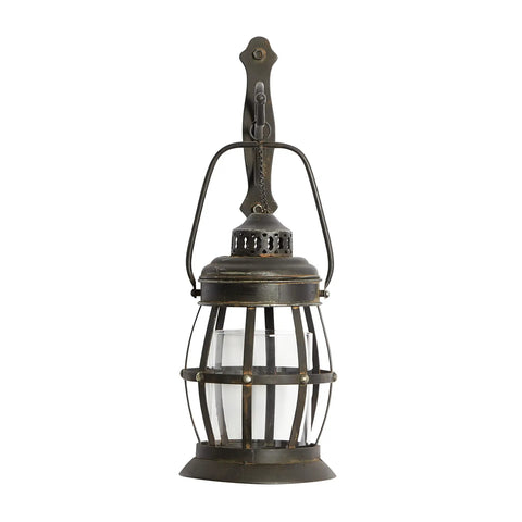 Rustic Metal Wall Sconce Lantern With Suspended Pillar Design Brown Glass Finish For Farmhouse Boho Eclectic Interiors Vibe