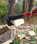 15 Inch Camping Axe With Sheath For Chopping And Splitting Forged 45 Carbon Steel Hatchet being used to split wood outdoors