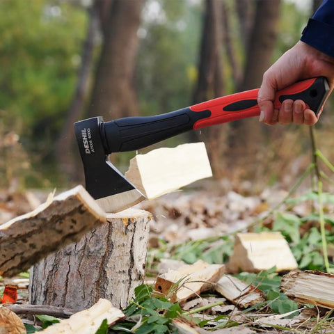 15 Inch Camping Axe With Sheath For Chopping And Splitting Forged 45 Carbon Steel Hatchet being used to split wood outdoors