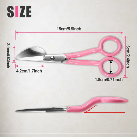 7 Inch Duckbill Shears For Carpet Pile Napping Duckbill Applique Scissors With Curved Offset Handle shown in pink size chart