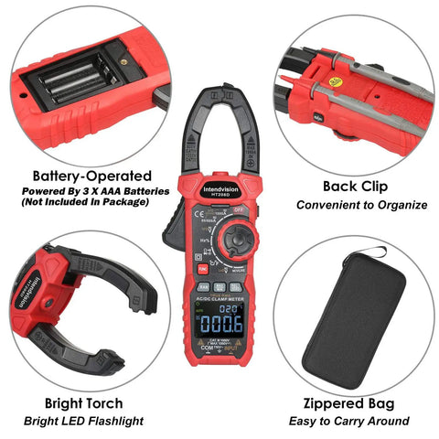 Inrush Clamp Meter 1000A True RMS AC DC Current Meter with VFD LOZ Mode 6000 Counts showing features and accessories.