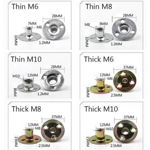 Round Base Tee Nuts 100 Pack For Woodworking M6 M8 M10 Galvanized Fasteners built to last shown in thin and thick variants