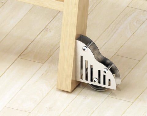 Stainless Steel Rolling Library Ladder Floor Rollers With Brake under wood ladder leg, brushed finish 38mm wheel visible