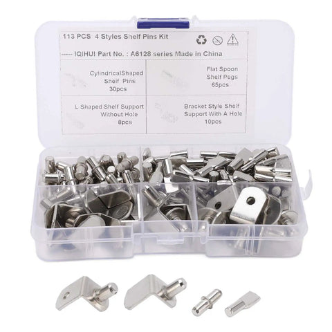 113 Piece Shelf Pins Kit with four styles L shaped and cylindrical plated pegs 5mm hole fit for RV cabinets bookshelves