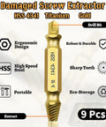 Close-up of Nine Piece Damaged Screw Extractor Kit with HSS 4341 titanium bit, ergonomic design and sharp teeth highlighted.