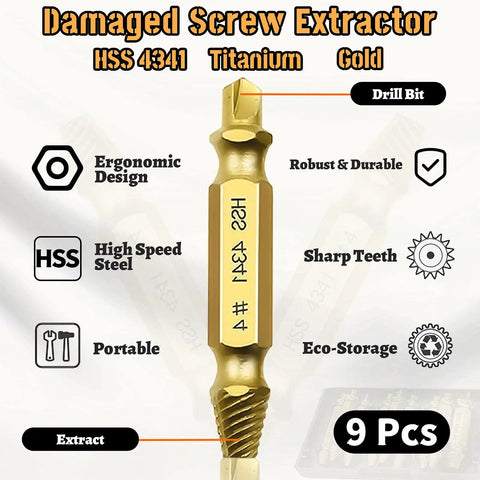 Close-up of Nine Piece Damaged Screw Extractor Kit with HSS 4341 titanium bit, ergonomic design and sharp teeth highlighted.