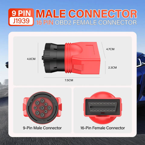 9Pin J1939 Male To 16Pin OBD2 Female Diagnostic Adapter dimensions illustration for heavy-duty trucks and commercial vehicles